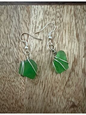 Green Sea Glass Wire-Wrap Dangle Earrings